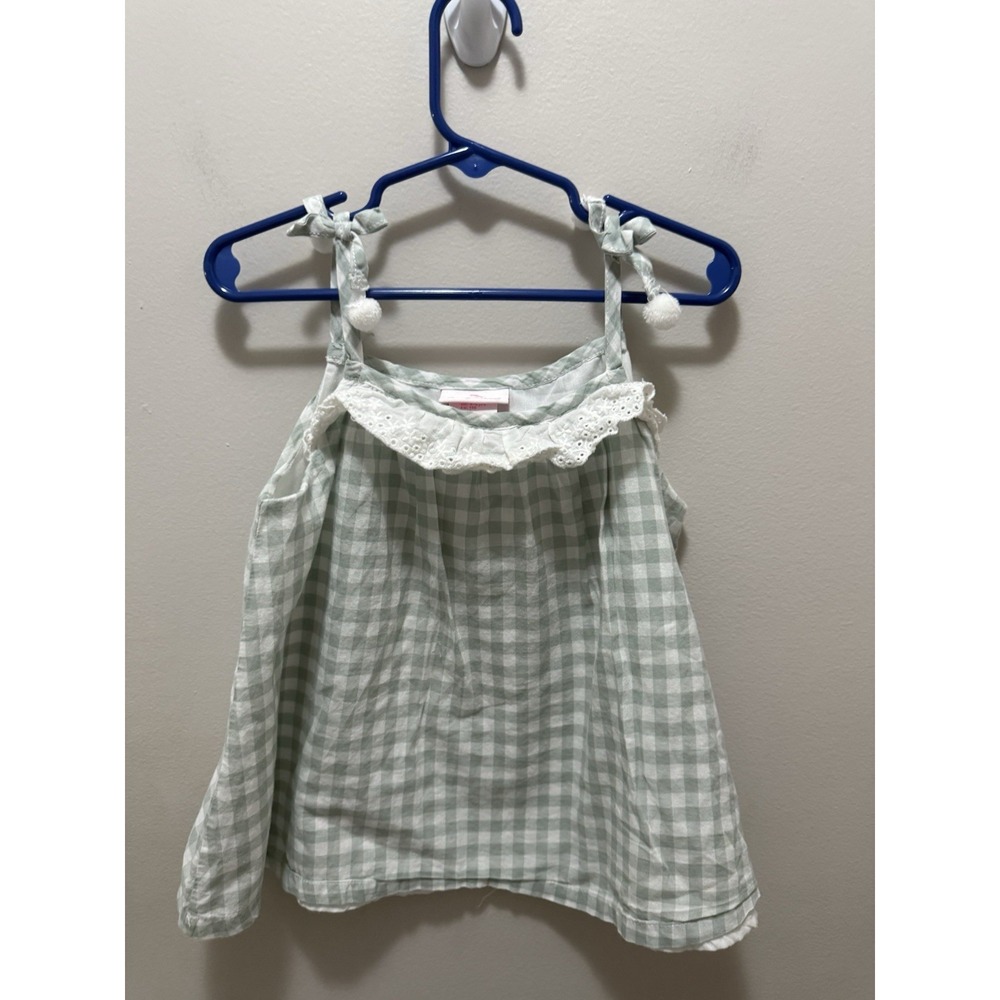 Tommy Bahama Green Gingham Baby Girl Top – Size 5T – Pom Pom Ties